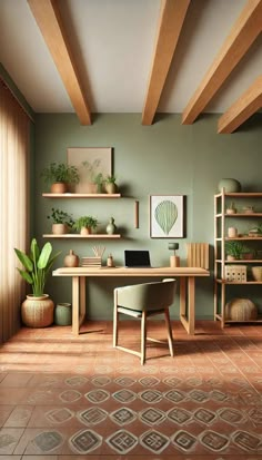 a room that has some plants on the shelves and a table with a laptop in it