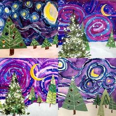 three pictures of trees and the night sky with stars, moon and swirls painted on them