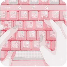 two hands typing on a pink keyboard with hearts and flowers all over the keys,