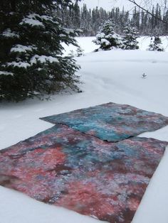 two rugs laying in the snow next to trees