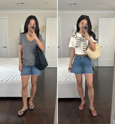 easy styling tips to update and elevate jean shorts + a tee shirt // easy to follow fashion advice and styling tips for petite women Outfit Petite, Tee Shirt Outfit, Petite Style, Casual Maternity, Cut Tees, Linen Sweater, Outfit Formulas, Tailored Shorts, Flare Mini Dress