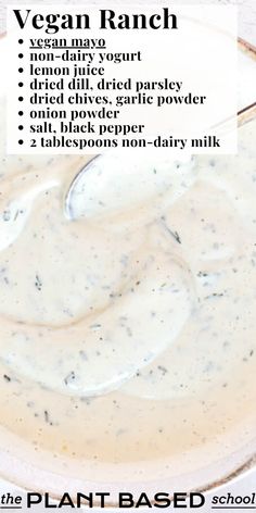 the ingredients for vegan ranch in a bowl on a white background with text overlay