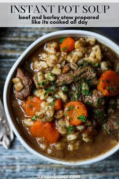 a white bowl filled with beef and barley stew