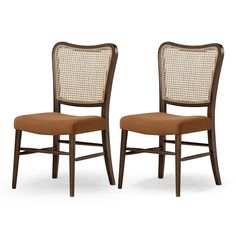 a pair of wooden chairs with brown upholstered seats