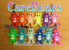 there are many small crocheted teddy bears on the wooden table with words that read carebears