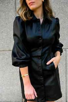 Women's Black Leather Shirt Dress Puffer Sleeves 100% Genuine Lambskin Dress New  | eBay Leather Shirt Dress, Leather Shirt, Leather Items, Height And Weight, Lambskin Leather, Leather Craft, All Seasons, Vest Jacket, New Dress