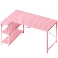 a pink desk with two shelves on the bottom and one shelf below it for storage