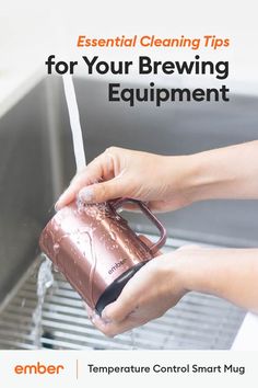 a person is pouring water into a coffee mug with the words essential cleaning tips for your brewing equipment