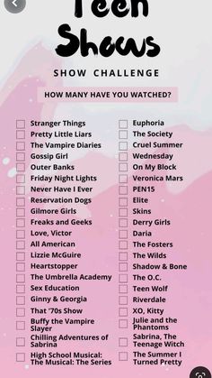 a pink and white poster with the words teen shows on it