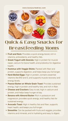 the recipe for quick and easy snacks for breastfeeding moms is shown here