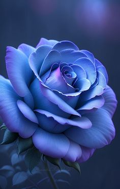 a blue rose with green leaves in the foreground