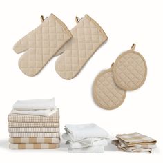 towels and oven mitts are laid out in front of the oven mitt set