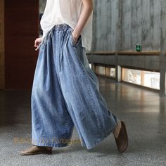 Womens Retro Jeans Baggy Trousers Casual Washed Denim Loose Wide Legs Long Pants | eBay Denim Wide Leg Pants, Wide Leg Pants Jeans, Denim Wide Leg, Elastic Waist Jeans, Retro Jeans, Jean Large, Baggy Trousers, Jeans Casual, Linen Maxi Dress