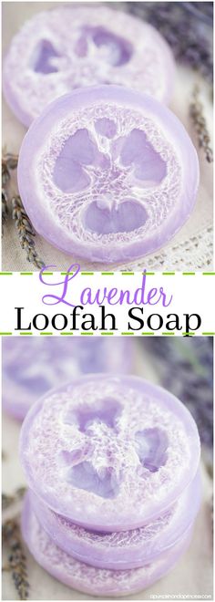 lavender loofah soap is shown in two different pictures