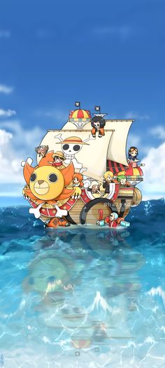 an animated pirate ship floating in the ocean with other cartoon characters on it's back