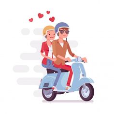 a man and woman riding on the back of a scooter with hearts above them