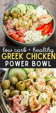 greek chicken power bowl with olives, cucumbers and feta cheese on top