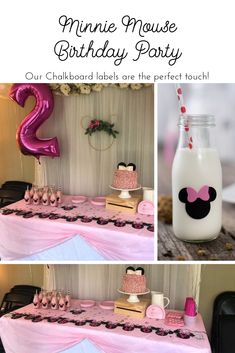 a minnie mouse birthday party with pink and black cake, milk bottle, and decorations