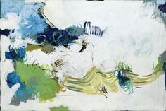 an abstract painting with blue, green and white colors on the bottom half of it