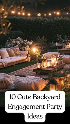 Outdoor backyard engagement party setup with charming decorations, cozy seating areas, and string lights creating a warm, intimate atmosphere for a celebration. Evening Outdoor Party Decor, Engagement Proposal Decorations Outdoor, Simple Backyard Engagement Party, Backyard Set Up For Party, Outdoor Backyard Party Ideas, Backyard Fall Engagement Party, Bohemian Engagement Party, Decorating For Engagement Party, Outdoor Fall Engagement Party