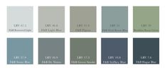 several shades of blue and green with the names of different colors on them, including gray