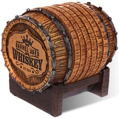 a wooden barrel that is sitting on a stand