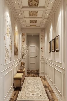 a long hallway with white walls and wooden floors