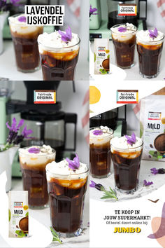 several shots of iced coffee with purple flowers in them