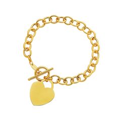 A classic link bracelet with toggle ends crafted in 14K yellow gold and featuring a dangling heart charm. Gold Finger Rings, Sparkly Bracelets, Bracelet With Heart, Toggle Bracelet, Heart Bracelet, Heart Charm Bracelet, Adjustable Bracelet, Gold Style, Modern Jewelry