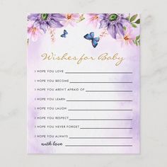 a card with purple flowers and butterflies on it that says,'wishes for baby '