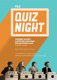 an advertisement for quiz night with three people sitting at desks in front of them