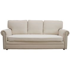 a white couch with studding on the armrests and back rests against a white background