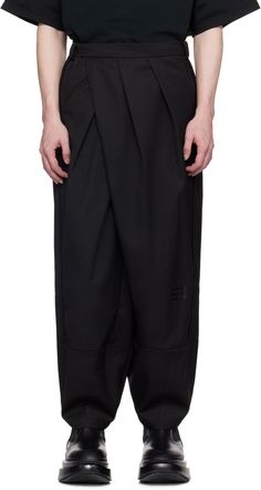 Wide-leg tapered wool-blend twill trousers. · Asymmetric layered construction · Belt loops · Four-pocket styling · Offset hook-eye closure · Logo bonded at leg · Piping at outseams · Full satin lining Supplier color: Euphoric black Twill Trousers, Black Body, Piping, Apparel Accessories, Wool Blend, Wide Leg, Trousers, Satin, Outfit Accessories