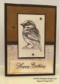 a card with a bird on it and the words happy birthday written in black ink