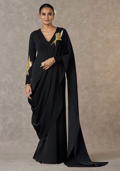 House Of Masaba-Black Son Chidiya Sari Gown-INDIASPOPUP.COM Drape Dresses Indian, Hand Embroidered Sarees, House Of Masaba, Sari Gown, Cotton Anarkali Suits, Designer Dresses Elegant, Velvet Saree, Caribbean Fashion, Happy Dresses