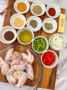 the ingredients for this dish are laid out on a cutting board and ready to be cooked