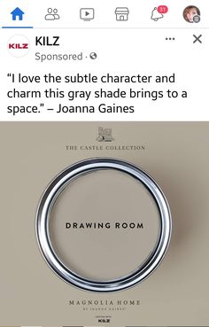 an ad for the drawing room on instagram, with text reading i love the subtle character and charm this gray shade brings to a space