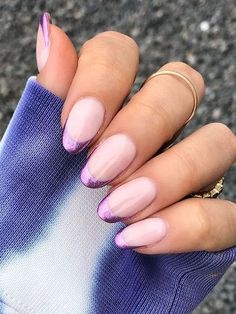 Purple Nail White Tip, White With Purple Chrome, French Nail Designs Purple, French Manicure With Purple Tips, French Manicure Purple Tips, French Tip Nails Purple Glitter, French Nails Purple Tips, Purple Glitter French Tips, Purple Chrome Tip Nails