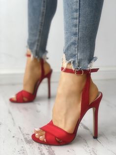 Sandalias de tacón estrechas cruzadas sólidas entrecruzadas Heel Sandals Outfit, Footwear For Women, Sandals Outfit, Shoes Spring, Pu Heels, Red High, Red Shoes