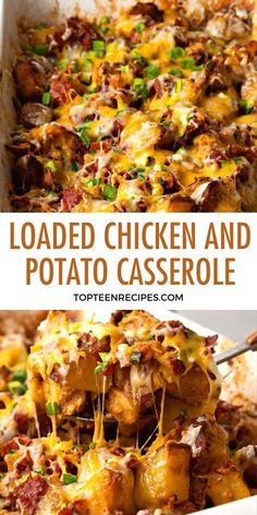 loaded chicken and potato casserole in a white dish with the title above it