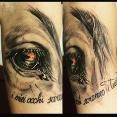 two pictures of the same person's legs with tattoos on them, one has an eye