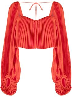 lava orange fully pleated sweetheart neck rear tie and concealed elasticated band long puff sleeves straight hem cropped Long Sleeve Ruched Crop Top For Party, Ruched Long Sleeve Crop Top For Party, Fitted Evening Tops With Pleated Sleeves, Spring Evening Top With Elastic Sleeves, Spring Evening Tops With Elastic Sleeves, Evening Tops With Elastic Sleeves For Spring, Fitted Evening Tops With Elastic Sleeves, Spring Evening Tops With Pleated Sleeves, Fitted Tops With Elastic Sleeves For Evening