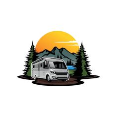 a camper van parked in front of a mountain range with trees and the sun behind it