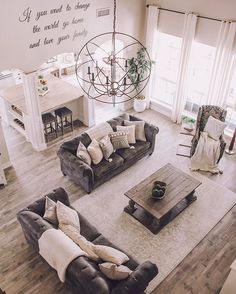 an overhead view of a living room with couches, tables and chairs in it