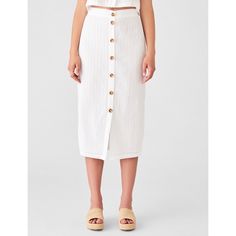 Dl1961 | Button Front Eyelet Skirt - White A Figure-Hugging Skirt With A Covered Button-Down Closure And An Elastic Back Waistband. Button Front 100% Cotton Chic Midi-length Bottoms With Buttons, Chic Midi Length Bottoms With Buttons, Elegant Button-up Summer Skirt, Spring Midi Bottoms With Button Closure, Knee-length Summer Skirt With Button Closure, Summer Knee-length Skirt With Button Closure, White Button Closure Beach Bottoms, Summer Button-up Bottoms With Side Buttons, Chic Beach Bottoms With Buttons