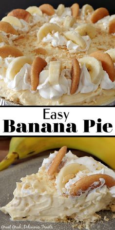 an easy banana pie is topped with whipped cream and sliced bananas