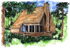 this is an artist's rendering of a cabin in the woods with thatched roof