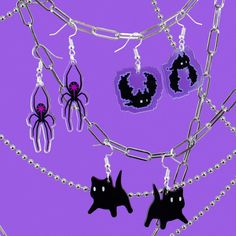 Step into the shadowy allure of the night with BUNNYBOOP's Goth Acrylic Witchy Earrings Set. This captivating collection of 3 witchy earrings will enchant your style with its mystical charm and dark whimsy. Each set includes: - Spider Delight Earring: Weave your own web of intrigue with a beautifully crafted spider earring, symbolizing mystery and power in every thread. - Black Cat Mystique Earring: Cross paths with fortune as this black cat earring, a harbinger of magic and protector of the nig Goth Cat, Witchy Earrings, Black Cat Earrings, Funny Earrings, Bat Earrings, Spider Earrings, Unique Handmade Earrings, Flat Back Earrings, Cocoa Beach