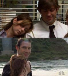 two pictures of people in different scenes one has his face close to the other's head