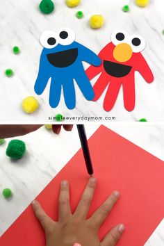 someone is making paper puppets for sesame the monster and oscar the muppets with colored pom poms